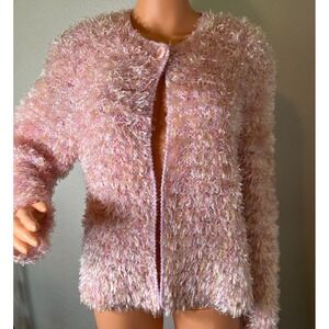 Y2K Pink Fuzzy Eyelash Knit L Cardigan Sweater Jacket DEFT Pink Coquette Girl
